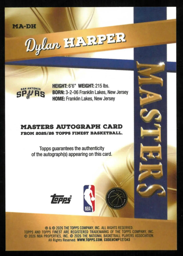 2025-26 Topps Finest Masters Auto Rookie Dylan Harper Gold Geometric Ref. /50 