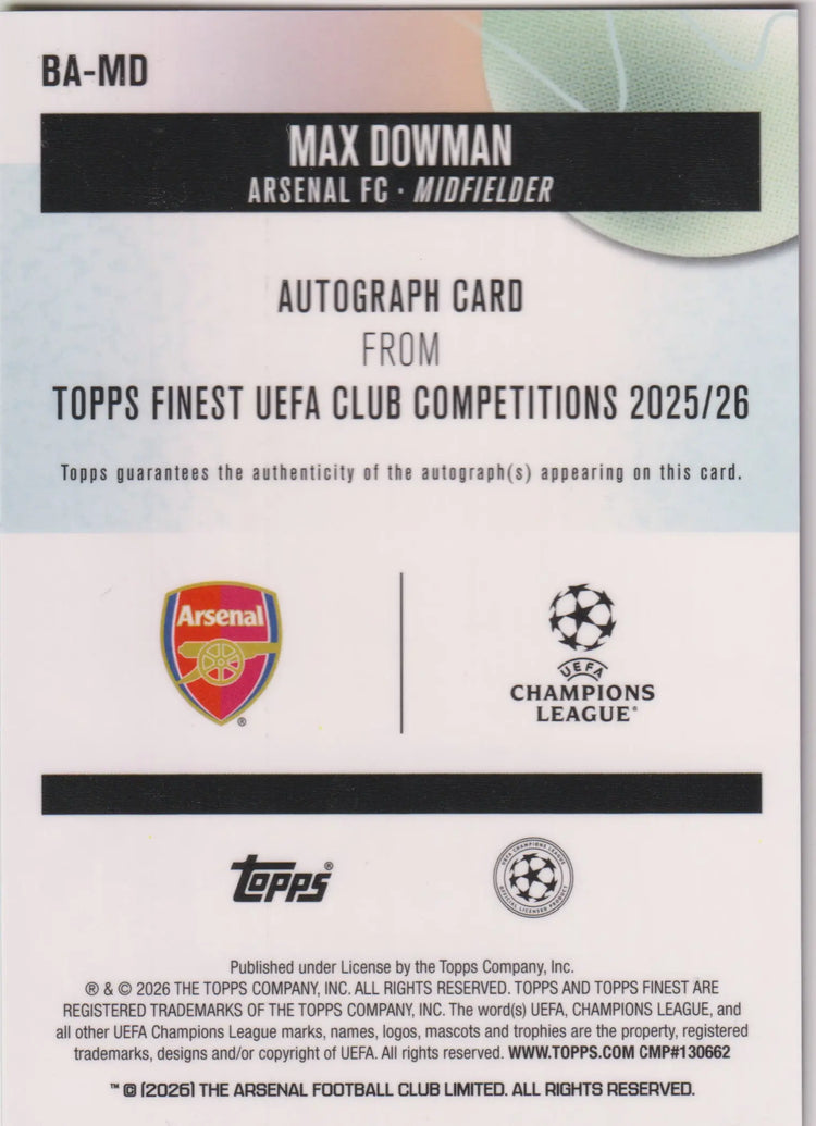 2025-26 Topps Finest UEFA CC Rookie Autograph Max Dowman Auto RC /250 