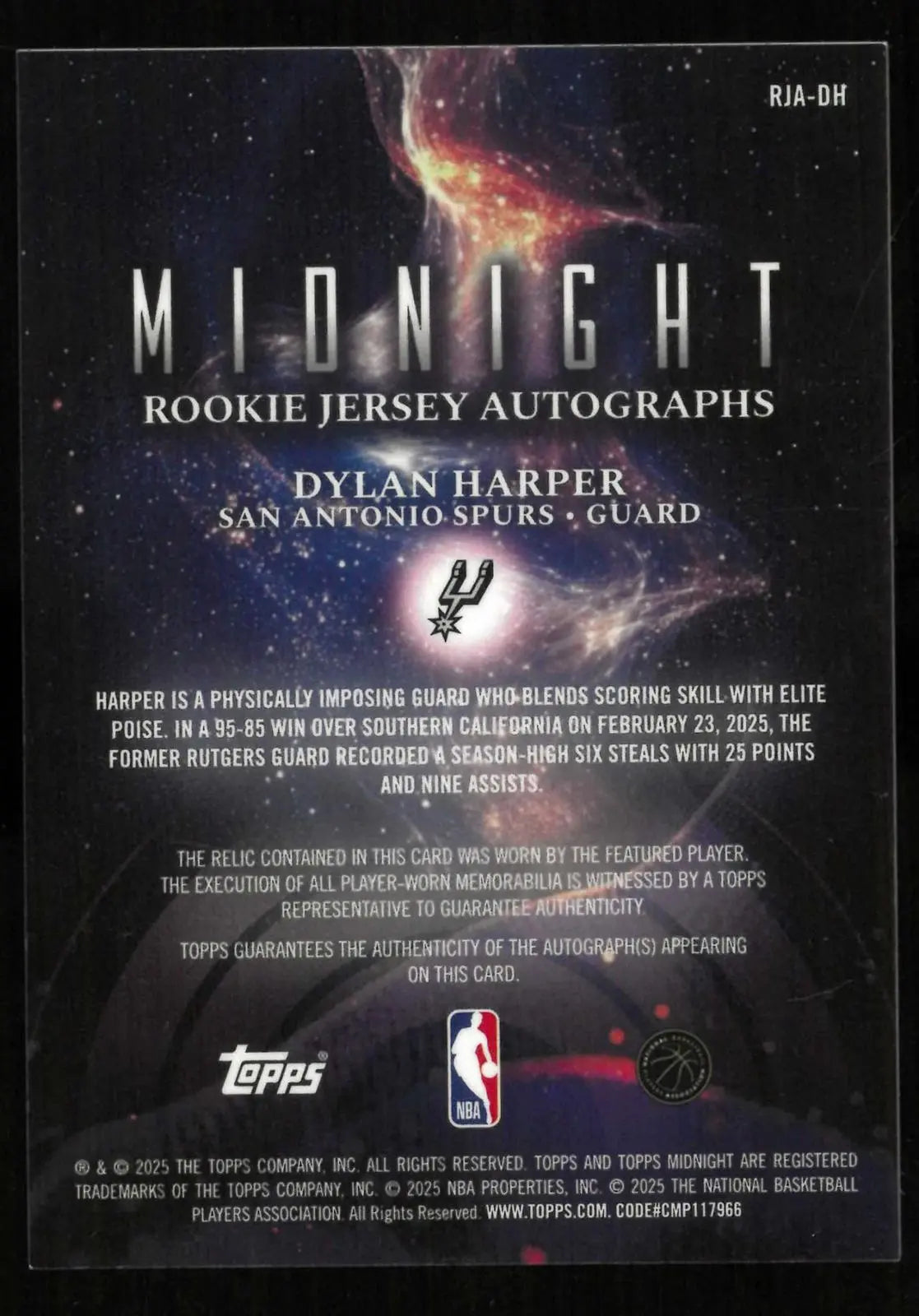 2025-26 Topps Midnight Rookie Autograph Patch Dylan Harper Dusk RC Auto /75 