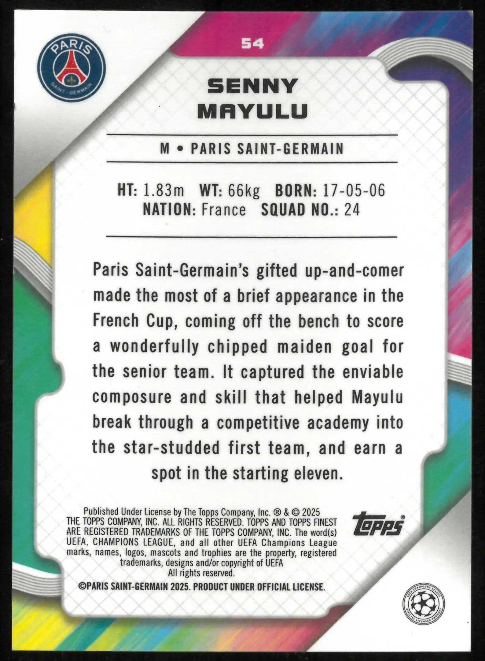 2025-26 Topps UEFA Champions League Senny Mayulu Rookie /5 