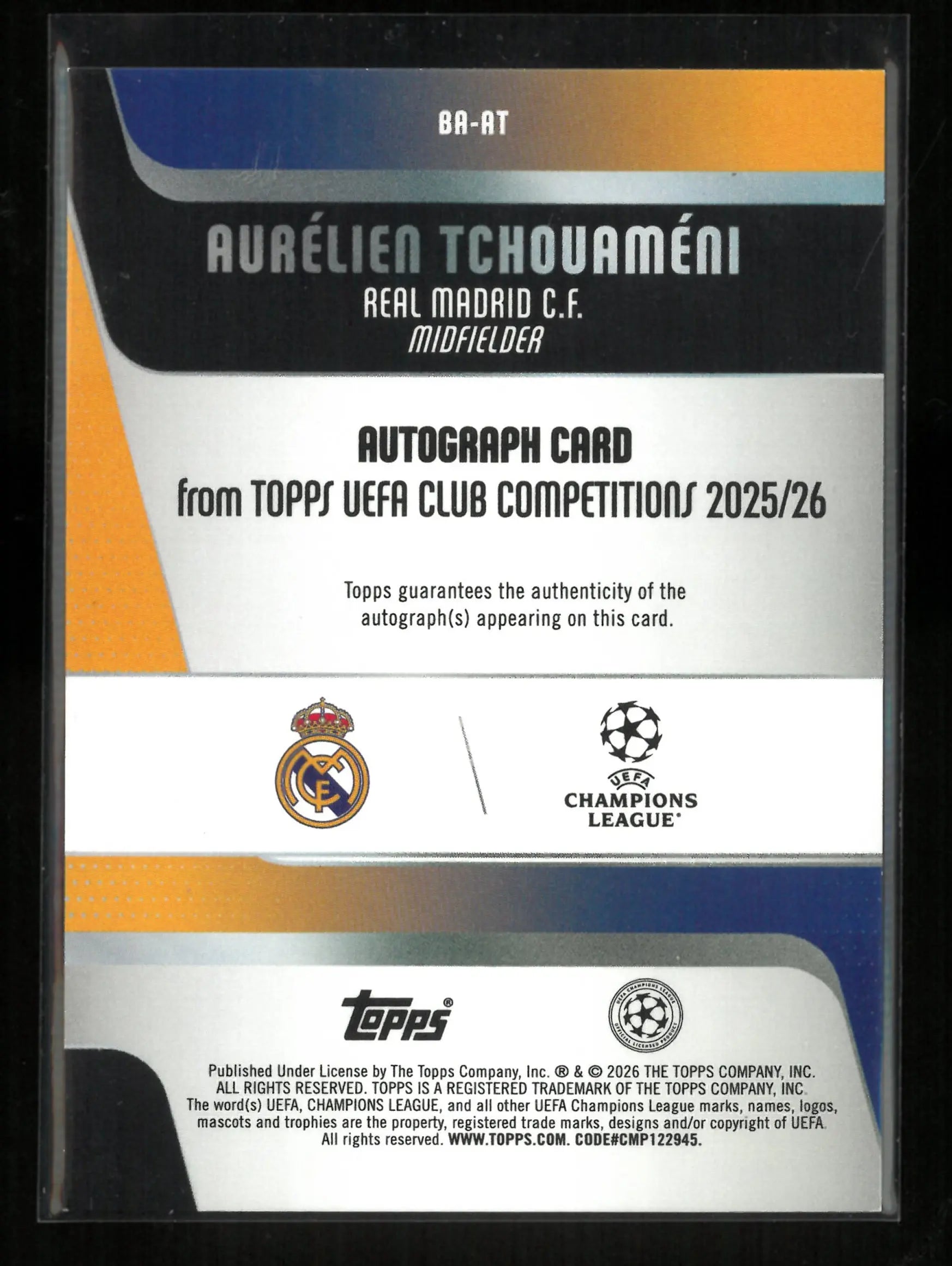 2025-26 Topps UEFA Club Competitions Autograph Aurelien Tchouameni Autograph Red /5 