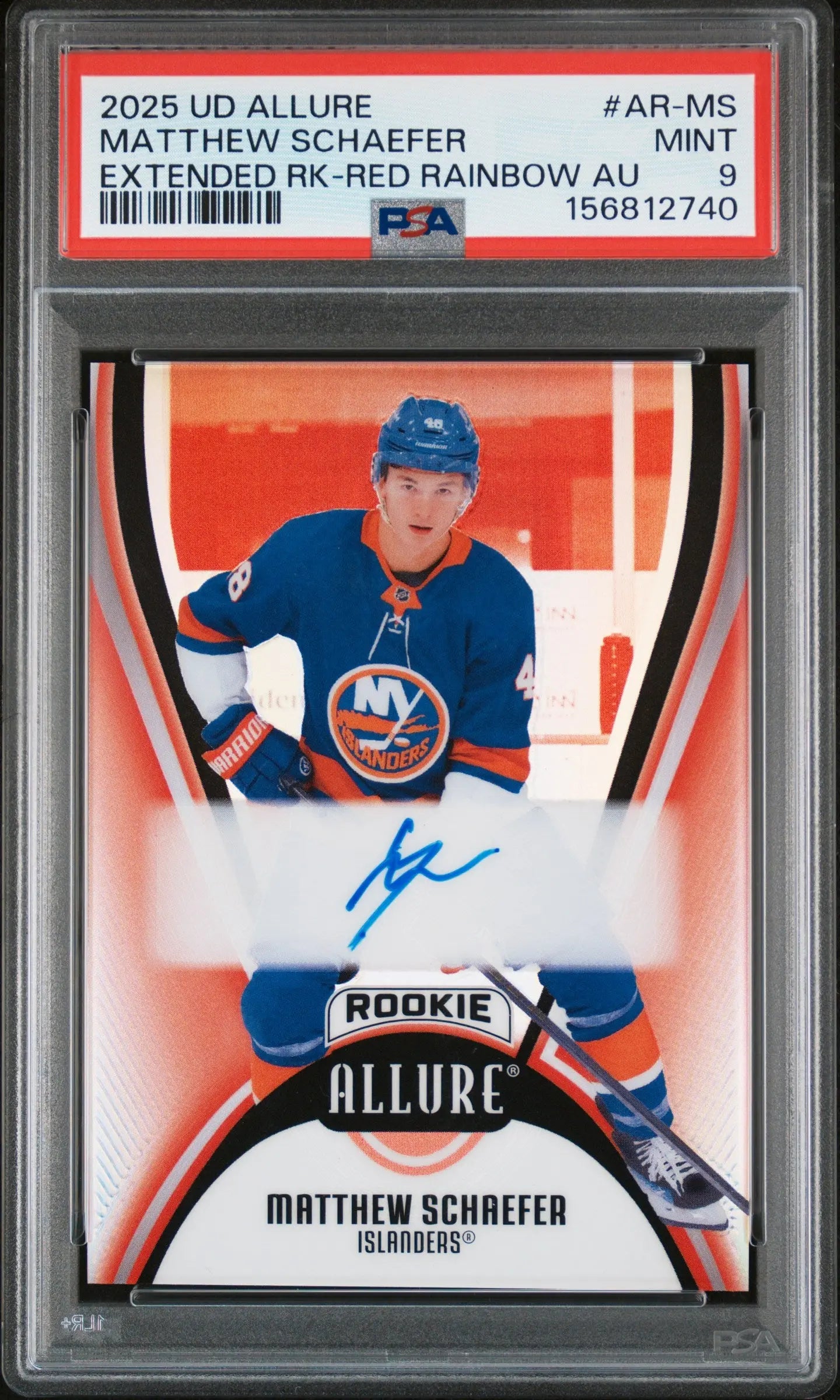 2025-26 UD Allure Extended Matthew Schaefer RC Rookie Auto Red Rainbow PSA 9 