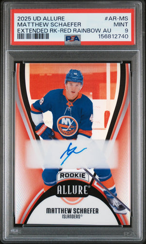 2025-26 UD Allure Extended Matthew Schaefer RC Rookie Auto Red Rainbow PSA 9 