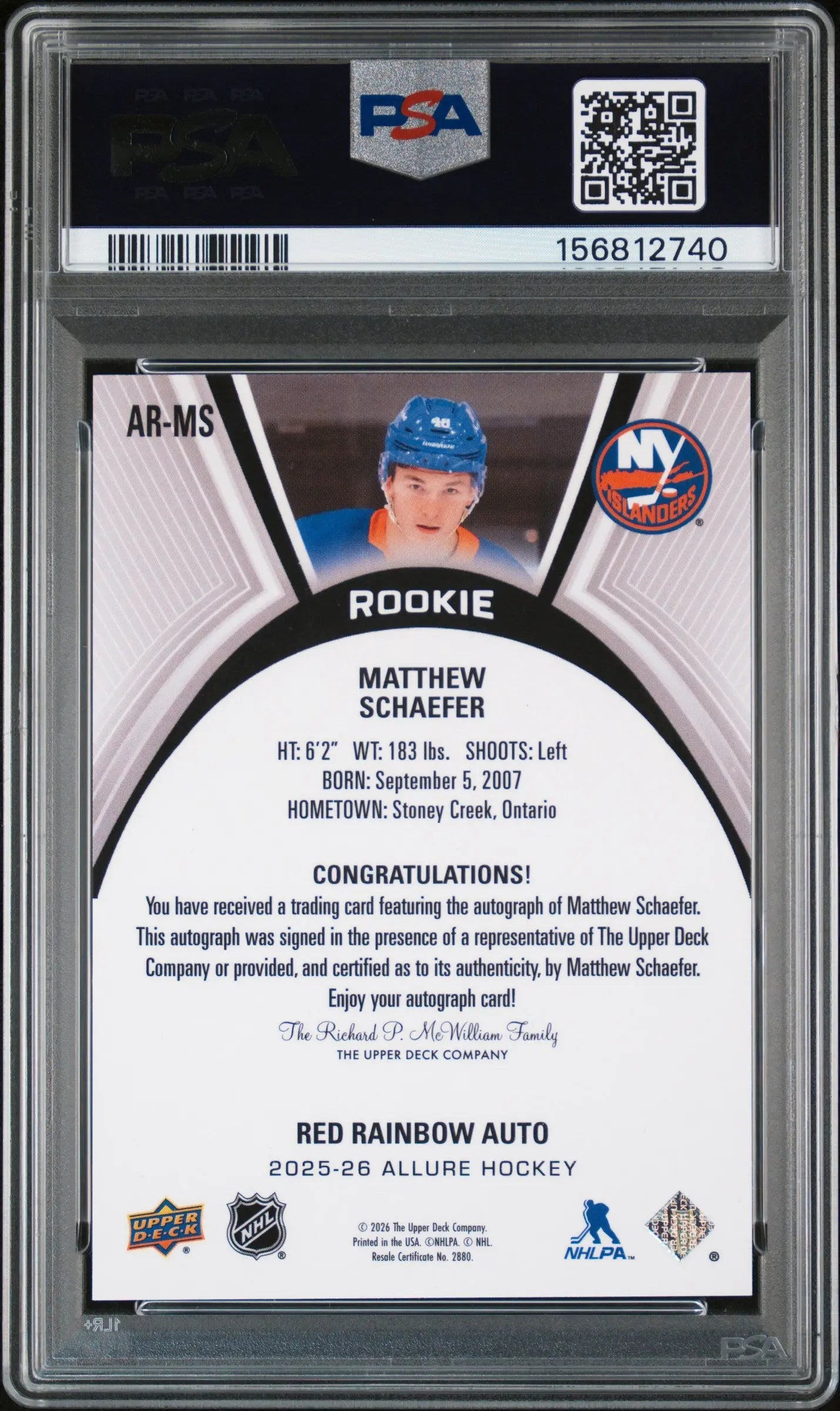 2025-26 UD Allure Extended Matthew Schaefer RC Rookie Auto Red Rainbow PSA 9 