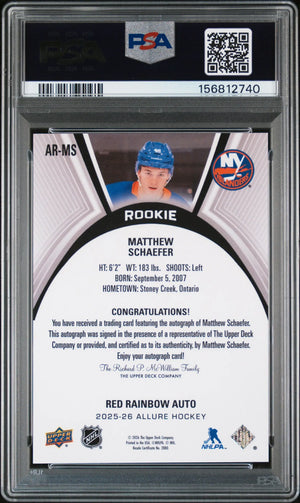 2025-26 UD Allure Extended Matthew Schaefer RC Rookie Auto Red Rainbow PSA 9 