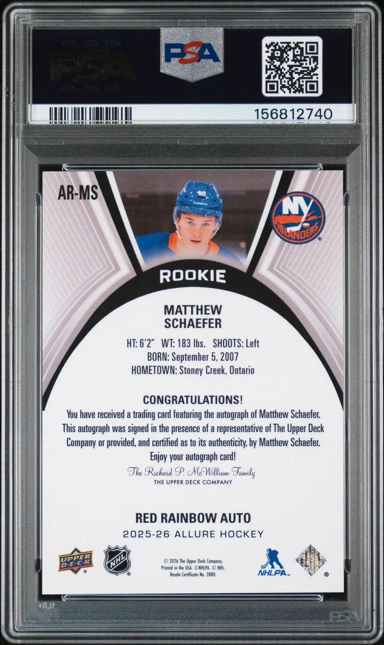 2025-26 UD Allure Extended Matthew Schaefer RC Rookie Auto Red Rainbow PSA 9 