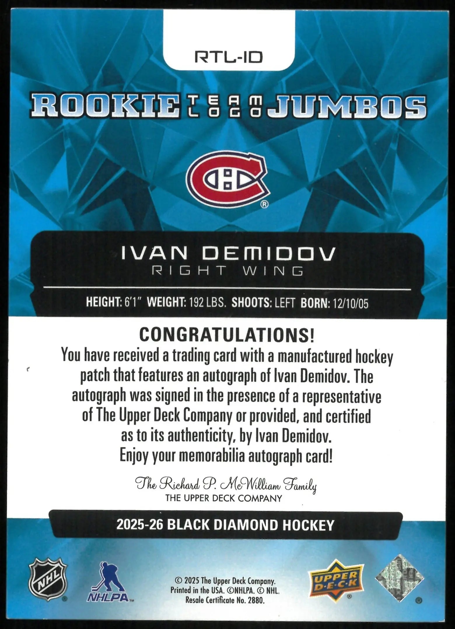 2025-26 UD Black Diamond Ivan Demidov RC Jumbo Team Logo Patch Auto /99 