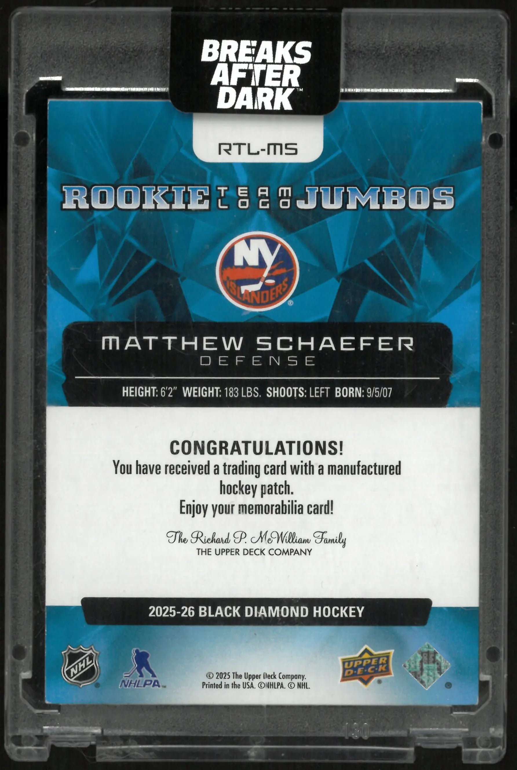 2025-26 UD Black Diamond Matthew Schaefer RC Jumbo Team Logo Patch 