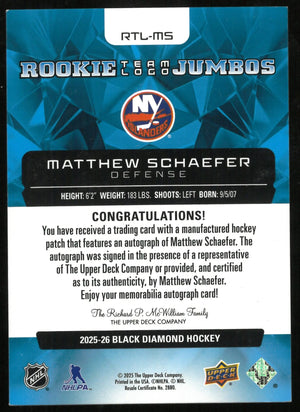 2025-26 UD Black Diamond Matthew Schaefer RC Jumbo Team Logo Patch Auto /99 