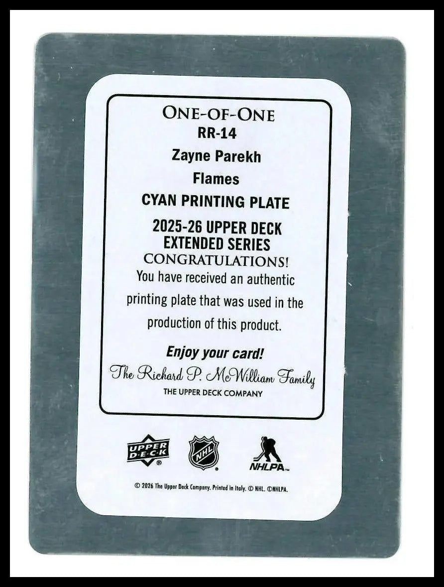 2025-26 UD Extended Series Cyan Printing Plate Rookie Reflection Zayne Perekh RC 