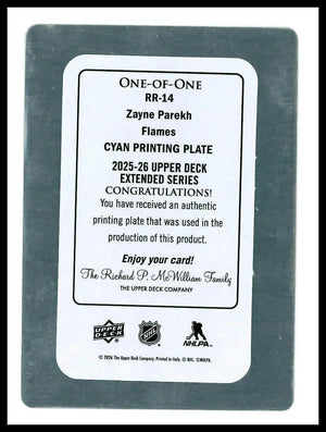 2025-26 UD Extended Series Cyan Printing Plate Rookie Reflection Zayne Perekh RC 