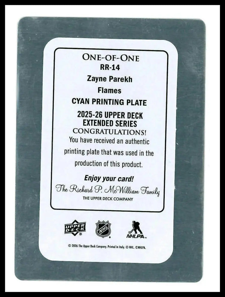 2025-26 UD Extended Series Cyan Printing Plate Rookie Reflection Zayne Perekh RC 