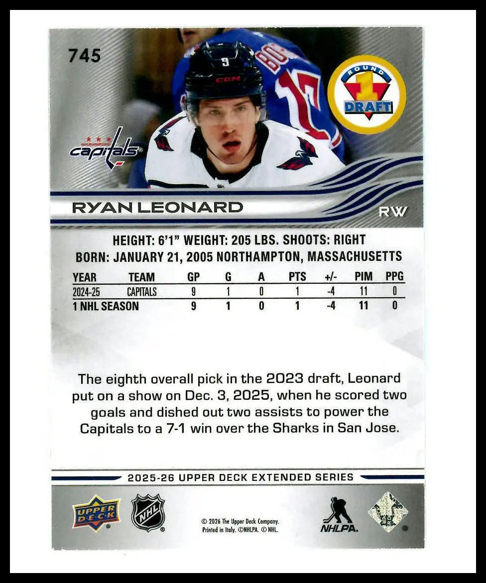 2025-26 UD Extended Series Round 1 Draft Rookie Ryan Leonard RC UD Exclusive/100 