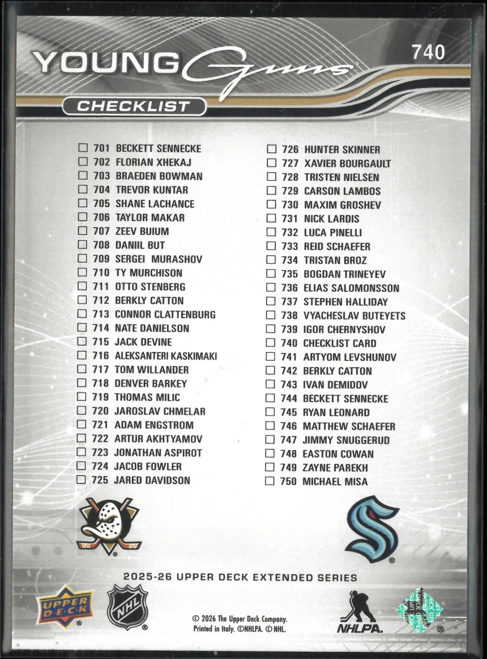 2025-26 UD Extended Series Young Guns Rookies Checklist Catton/Sennecke RC /250 