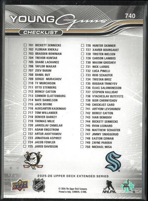 2025-26 UD Extended Series Young Guns Rookies Checklist Catton/Sennecke RC /250 