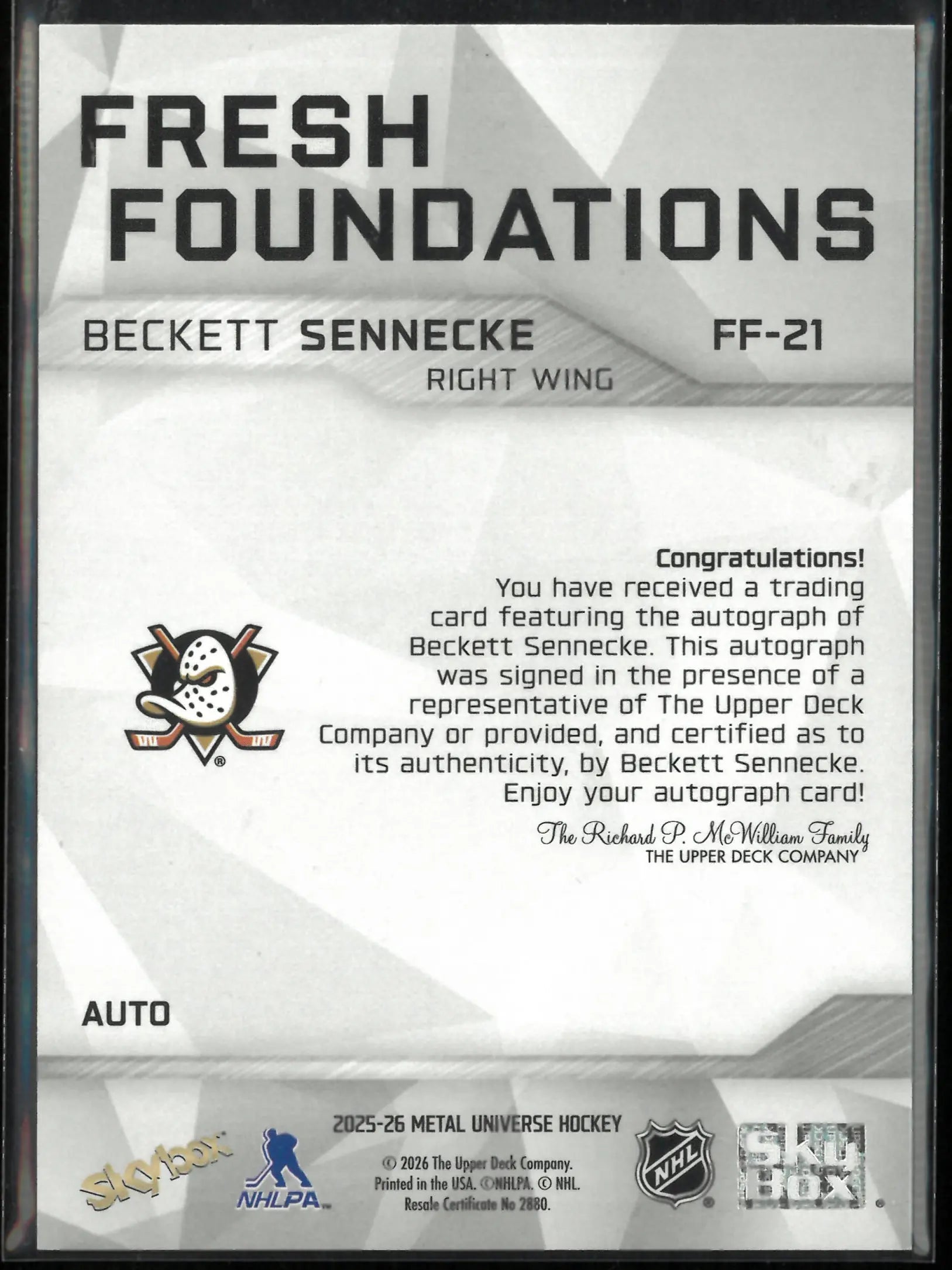 2025-26 UD Metal Universe Fresh Foundations Autograph Beckett Sennecke Auto 