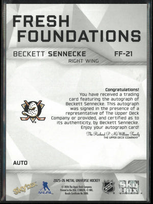 2025-26 UD Metal Universe Fresh Foundations Autograph Beckett Sennecke Auto 