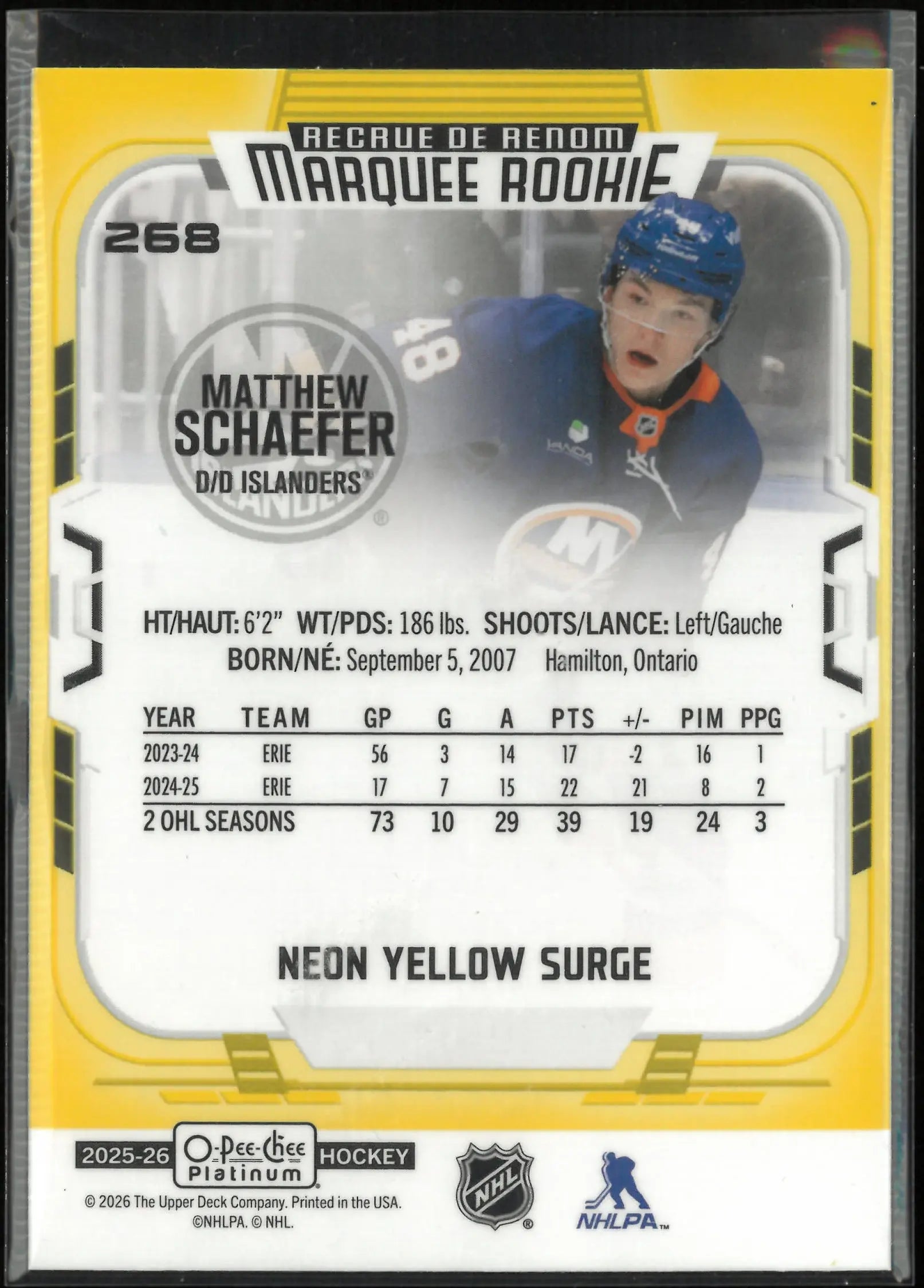 2025-26 UD O-Pee-Chee Marquee Rookie Matthew Schaefer Auto Neon Yellow Surge RC 