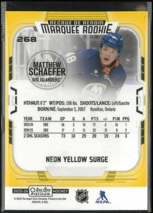 2025-26 UD O-Pee-Chee Marquee Rookie Matthew Schaefer Auto Neon Yellow Surge RC 