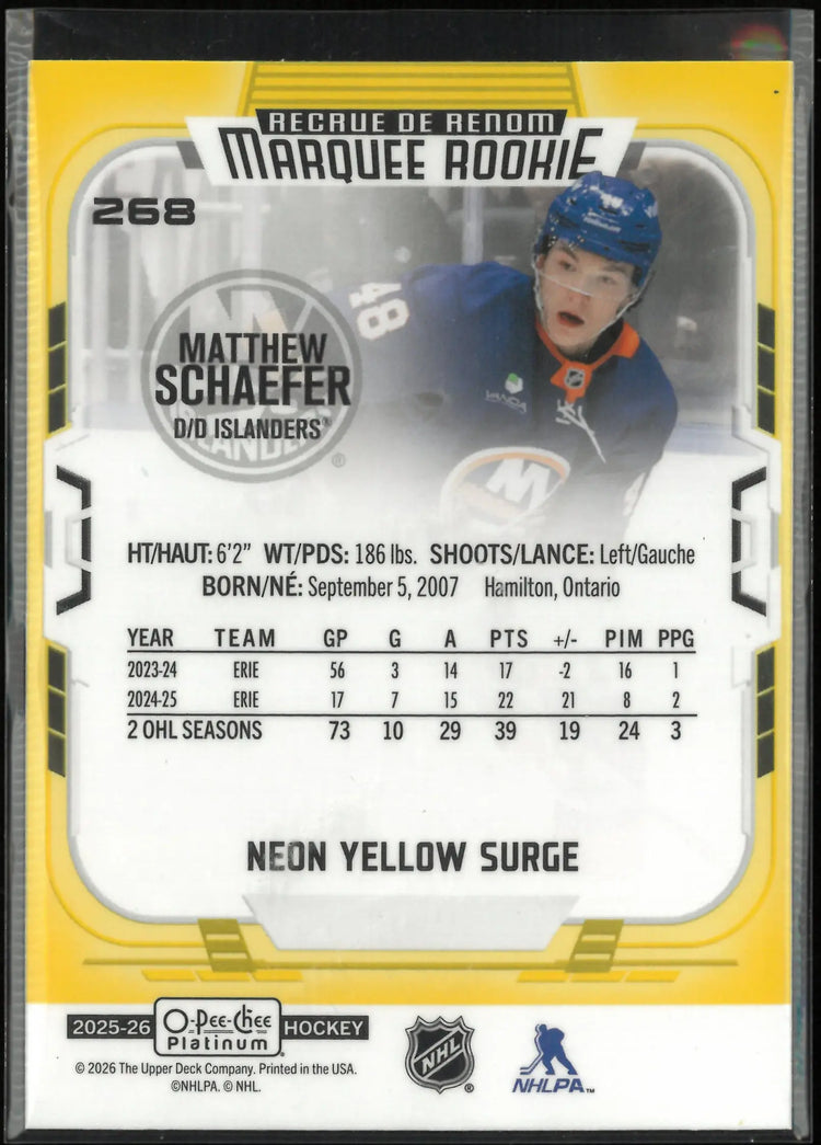 2025-26 UD O-Pee-Chee Marquee Rookie Matthew Schaefer Auto Neon Yellow Surge RC 