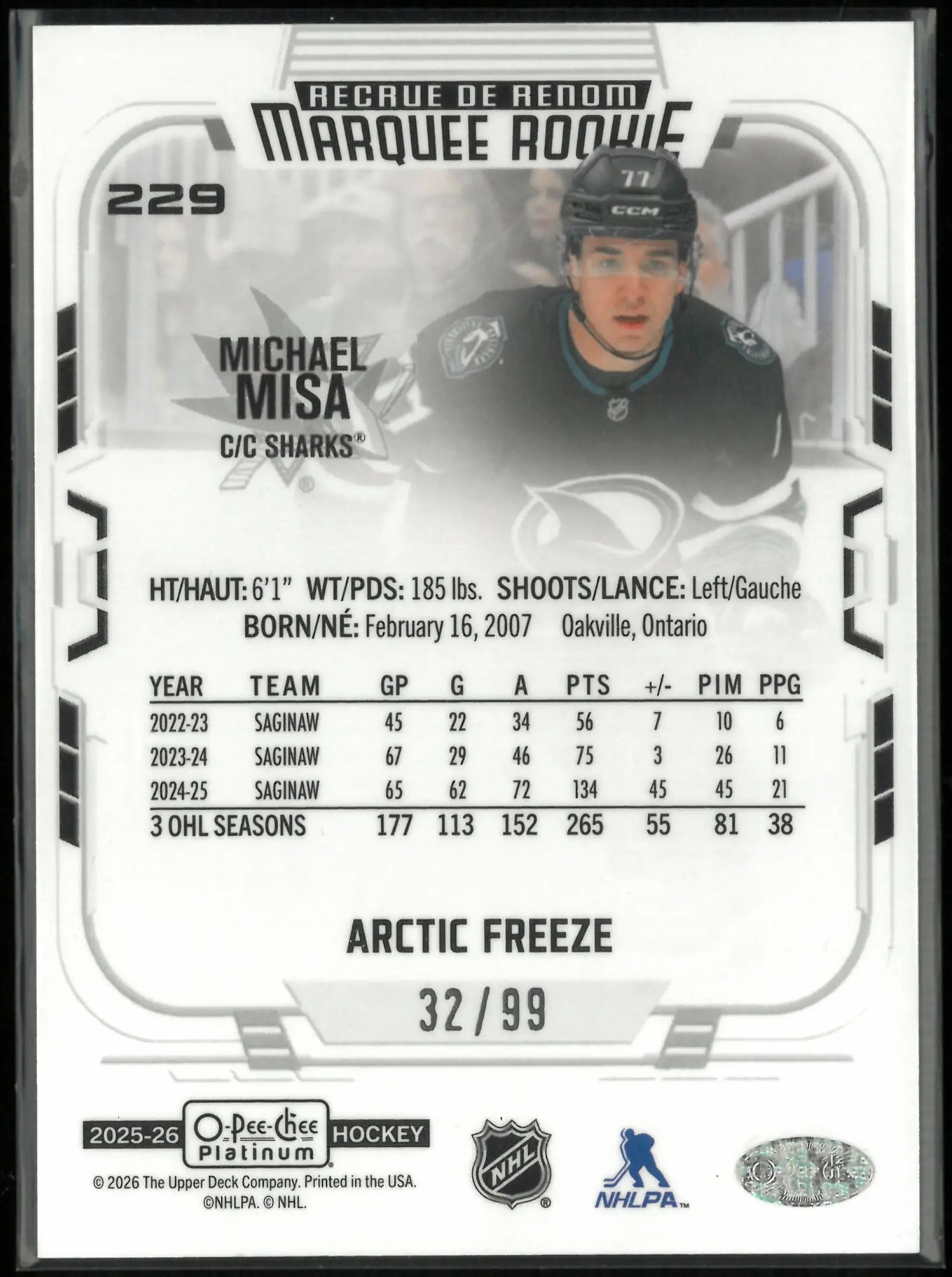 2025-26 UD O-Pee-Chee Platinum Marquee Arctic Freeze Rookie Michael Misa RC /99 