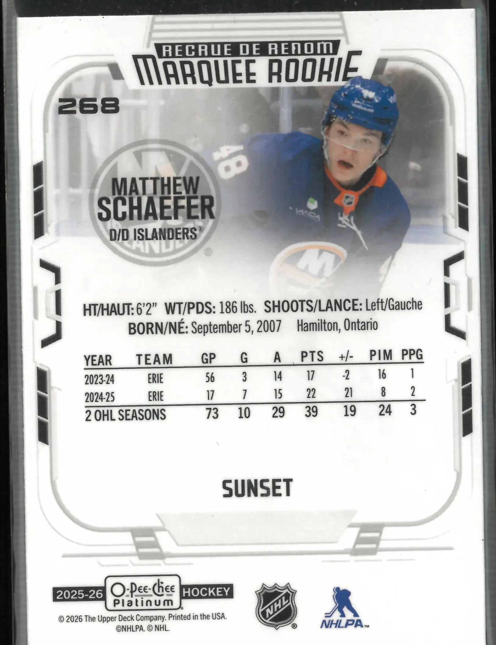 2025-26 UD O-Pee-Chee Platinum Marquee Rookie Matthew Schaefer Sunset RC 