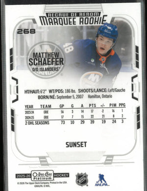 2025-26 UD O-Pee-Chee Platinum Marquee Rookie Matthew Schaefer Sunset RC 