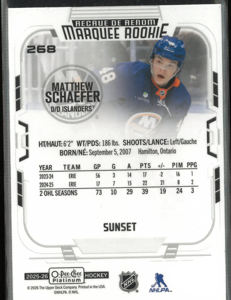 2025-26 UD O-Pee-Chee Platinum Marquee Rookie Matthew Schaefer Sunset RC 