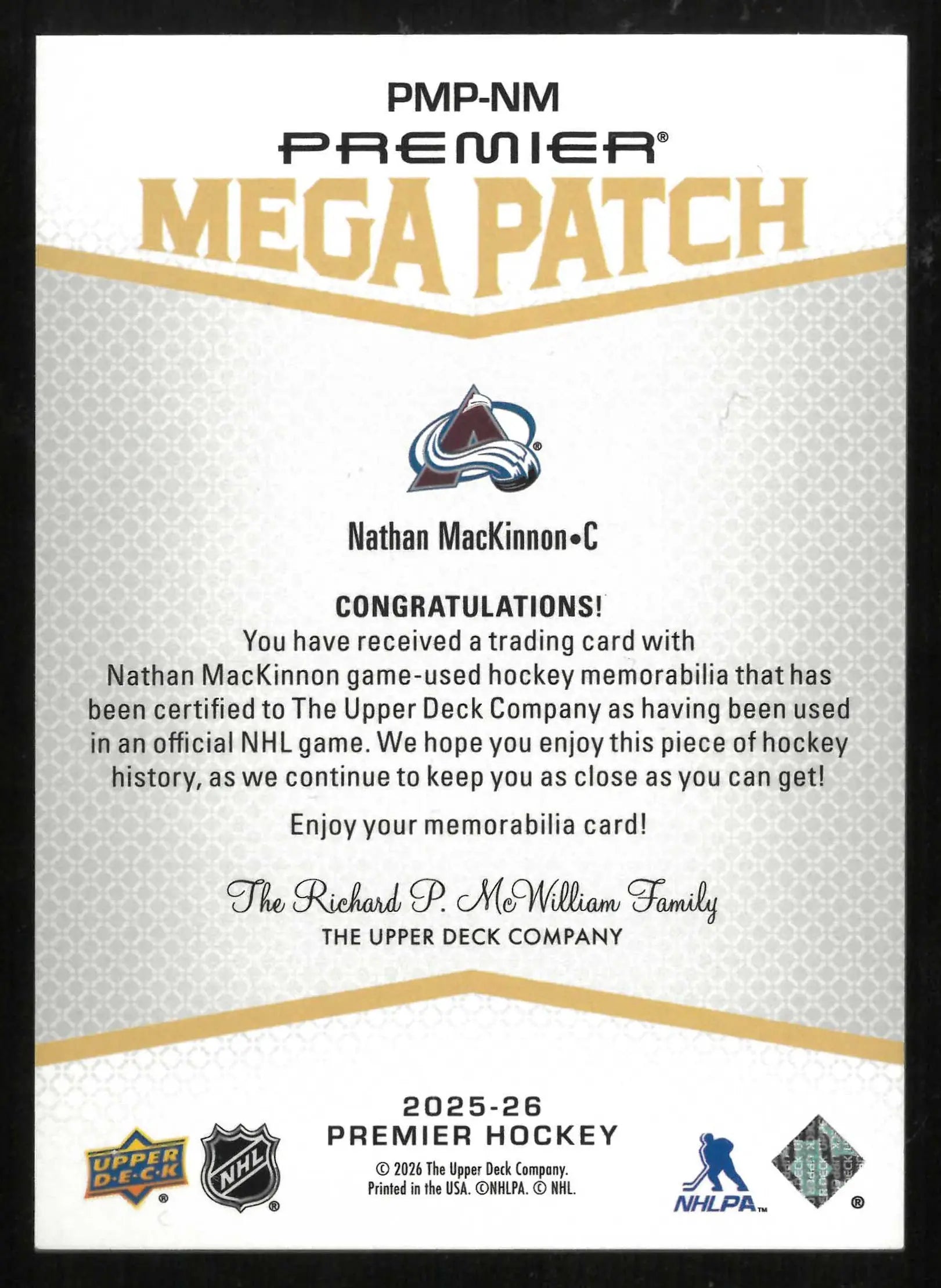 2025-26 UD Premier Hockey Mega Patch Chest Logo Nathan MacKinnon /31 