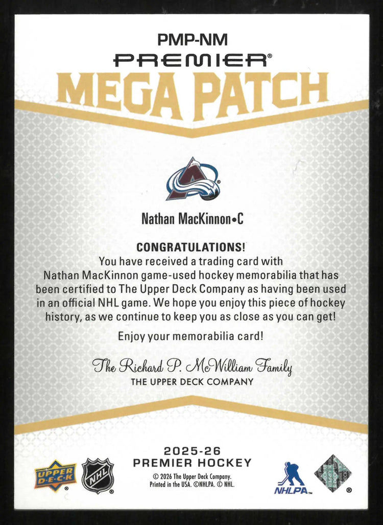 2025-26 UD Premier Hockey Mega Patch Chest Logo Nathan MacKinnon /31 