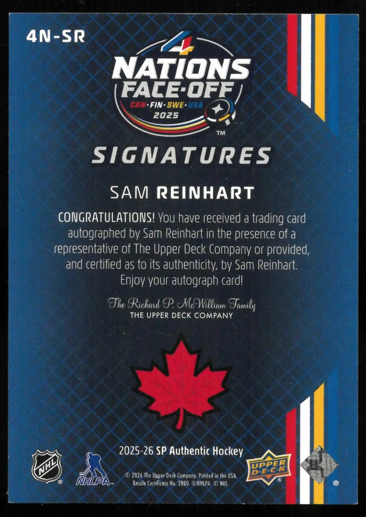 2025-26 UD SP Authentic 4 Nations Signatures Autograph Sam Reinhart Auto /25 
