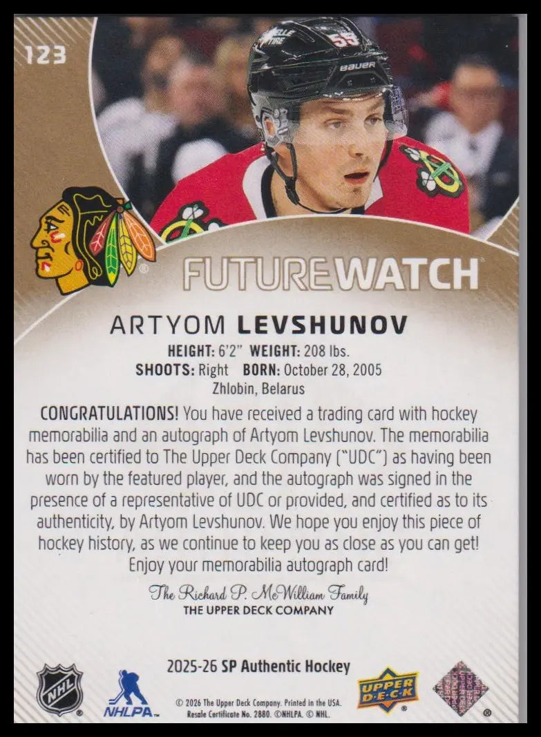 2025-26 UD SP Authentic Artyom Levshunov Rookie Future Watch Auto Patch #/100 