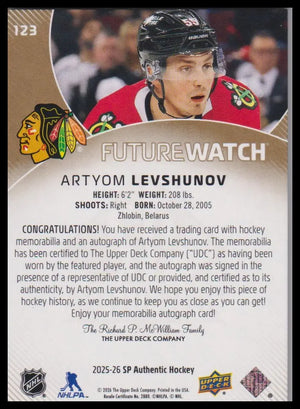 2025-26 UD SP Authentic Artyom Levshunov Rookie Future Watch Auto Patch #/100 