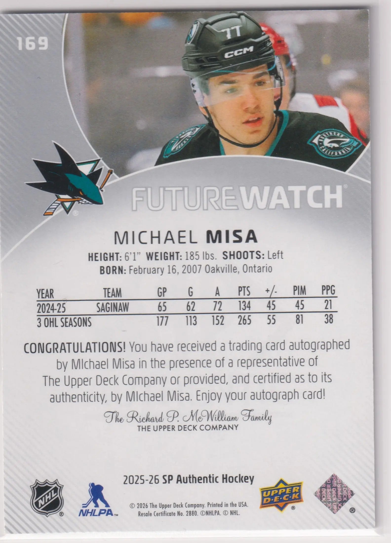 2025-26 UD SP Authentic Future Watch Autograph Rookie Michael Misa Auto /999 