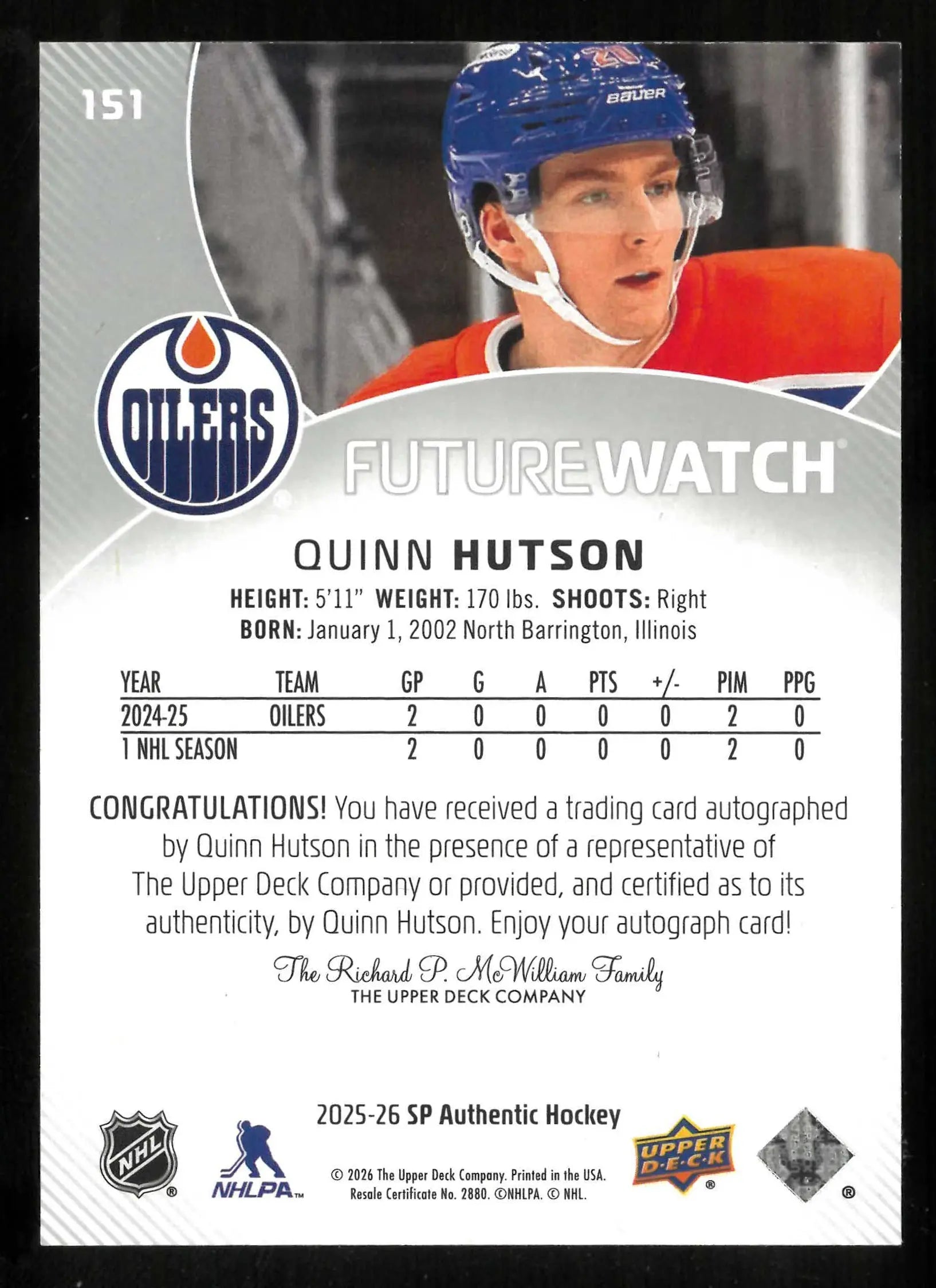 2025-26 UD SP Authentic Future Watch Autograph Rookie Quinn Hutson Auto RC /999 
