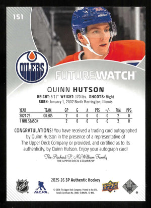 2025-26 UD SP Authentic Future Watch Autograph Rookie Quinn Hutson Auto RC /999 