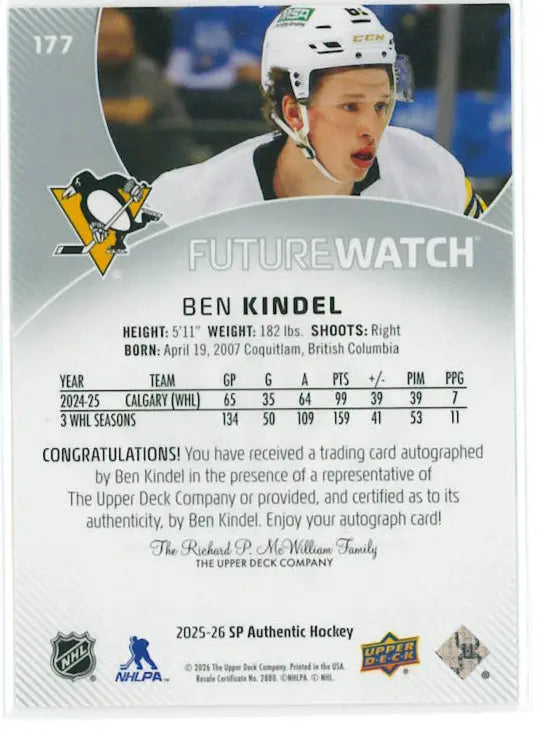 2025-26 UD SP Authentic Future Watch Rookie Autograph Ben Kindel Auto /999 RC 