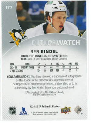 2025-26 UD SP Authentic Future Watch Rookie Autograph Ben Kindel Auto /999 RC 