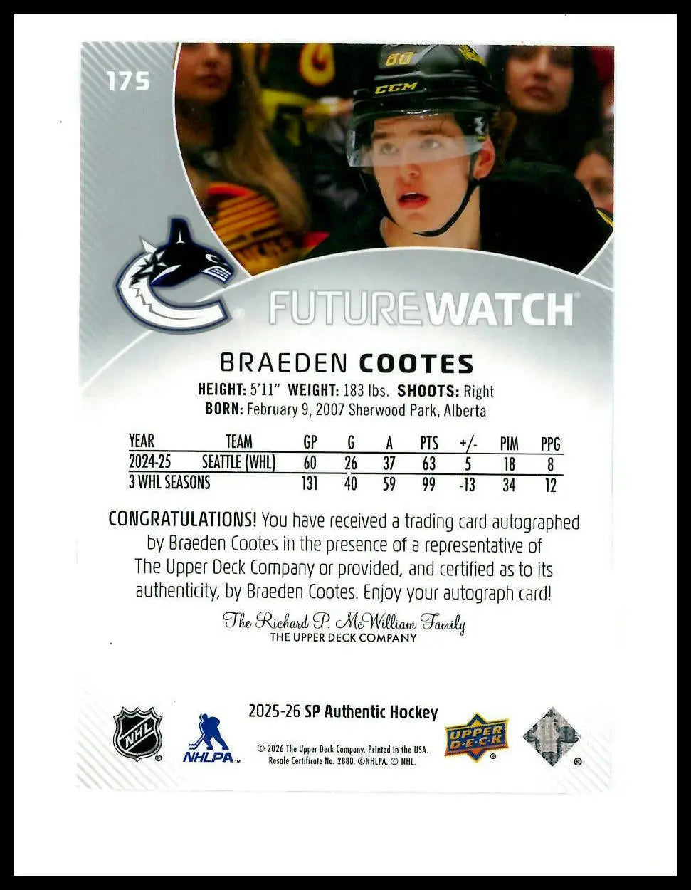 2025-26 UD SP Authentic Future Watch Rookie Autograph Braeden Cootes /999 