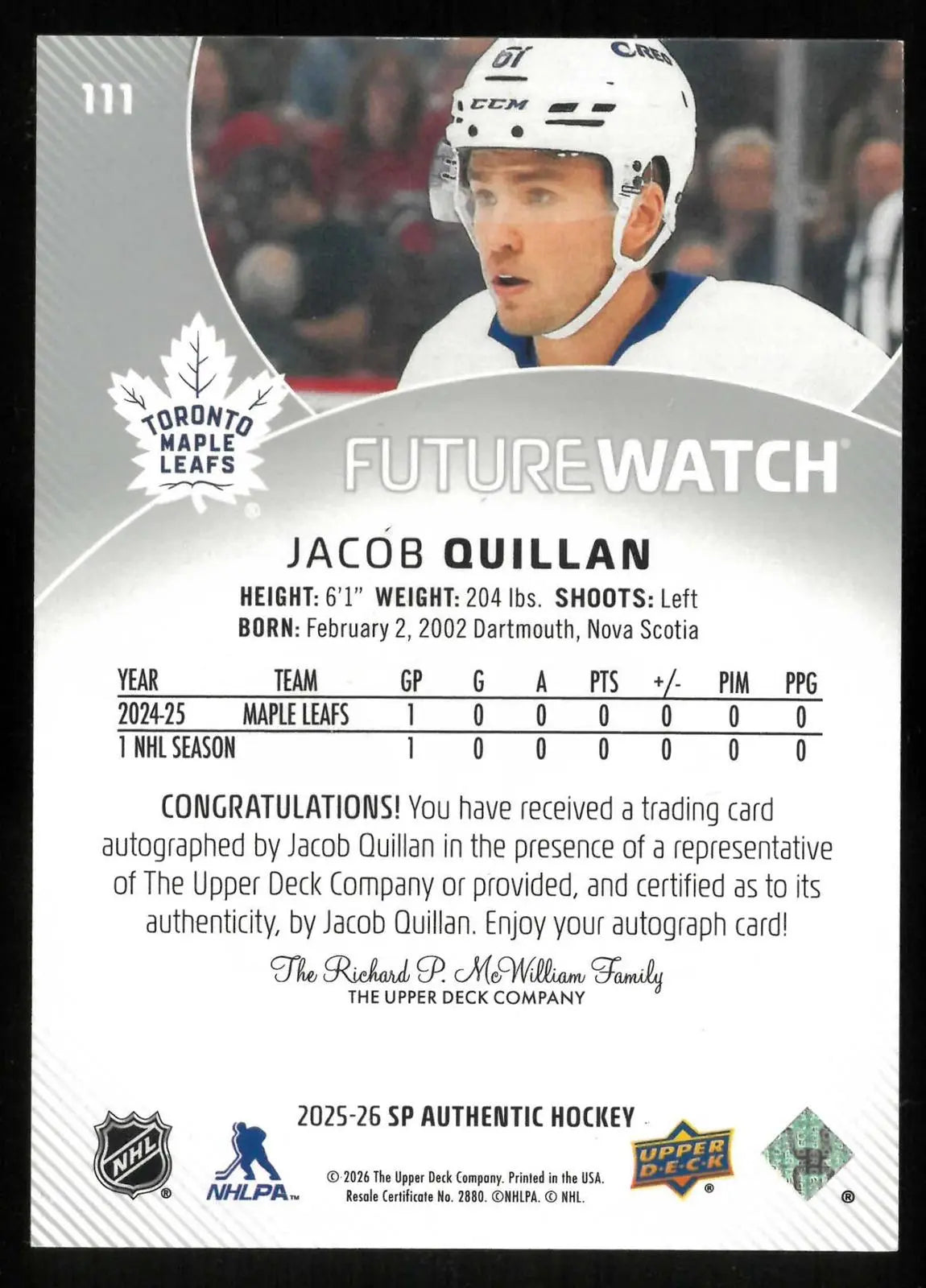 2025-26 UD SP Authentic Future Watch Rookie Autograph Jacob Quillan RC /999 