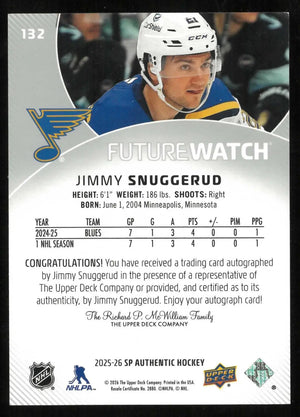 2025-26 UD SP Authentic Future Watch Rookie Autograph Jimmy Snuggerud RC /999 