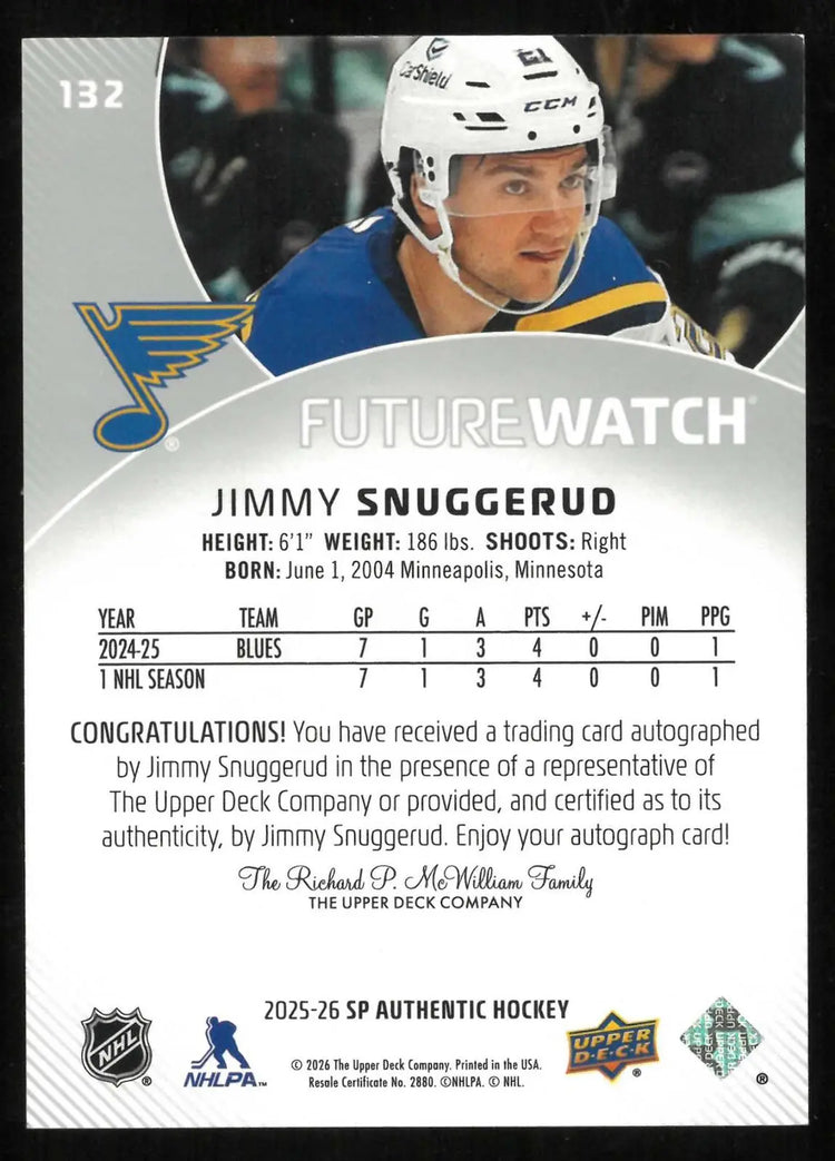 2025-26 UD SP Authentic Future Watch Rookie Autograph Jimmy Snuggerud RC /999 