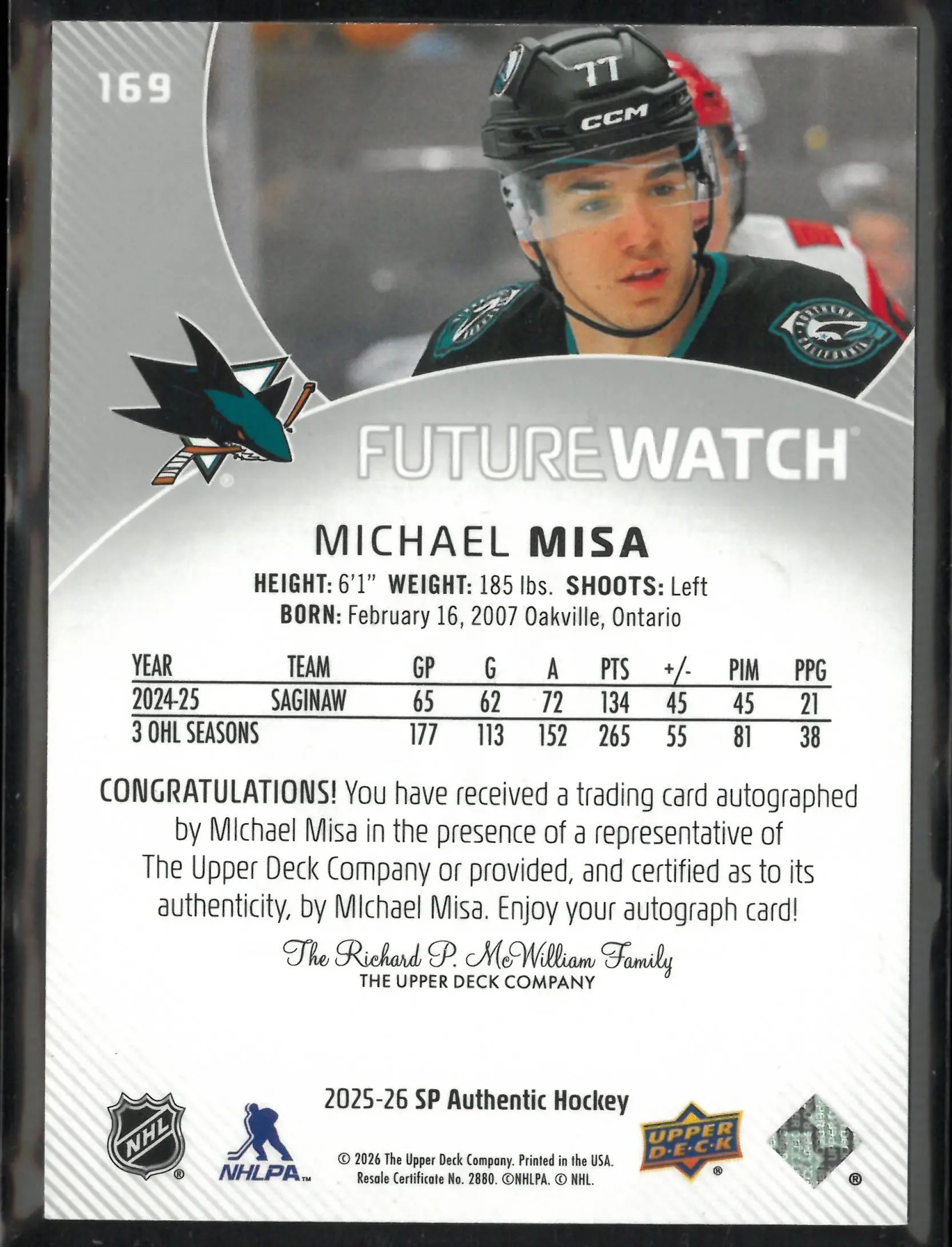 2025-26 UD SP Authentic Future Watch Rookie Autograph Michael Misa Auto /999 RC 