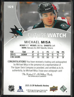 2025-26 UD SP Authentic Future Watch Rookie Autograph Michael Misa Auto /999 RC 