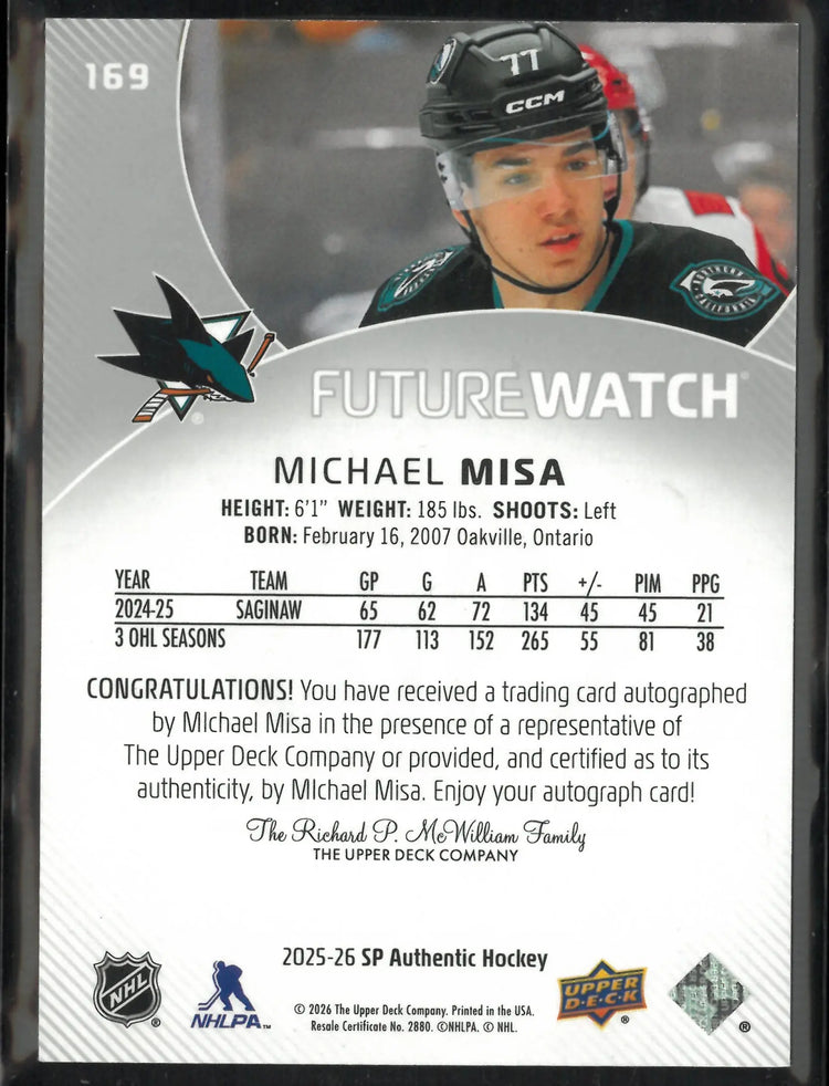 2025-26 UD SP Authentic Future Watch Rookie Autograph Michael Misa Auto /999 RC 