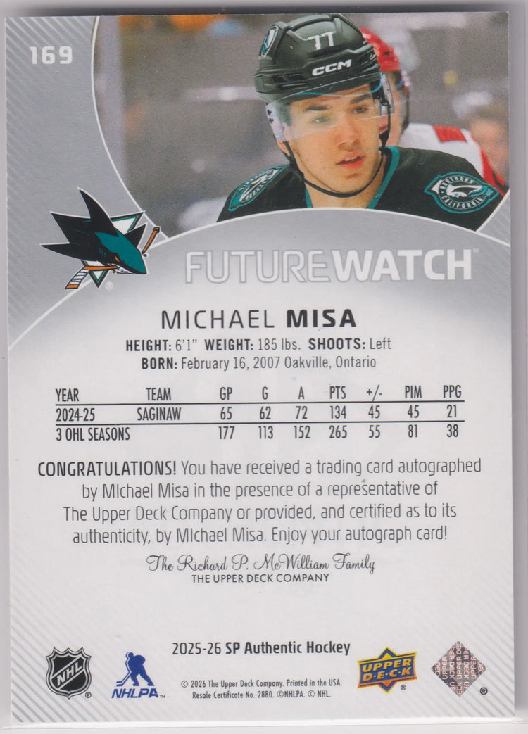 2025-26 UD SP Authentic Future Watch Rookie Autograph Michael Misa Auto /999 RC 