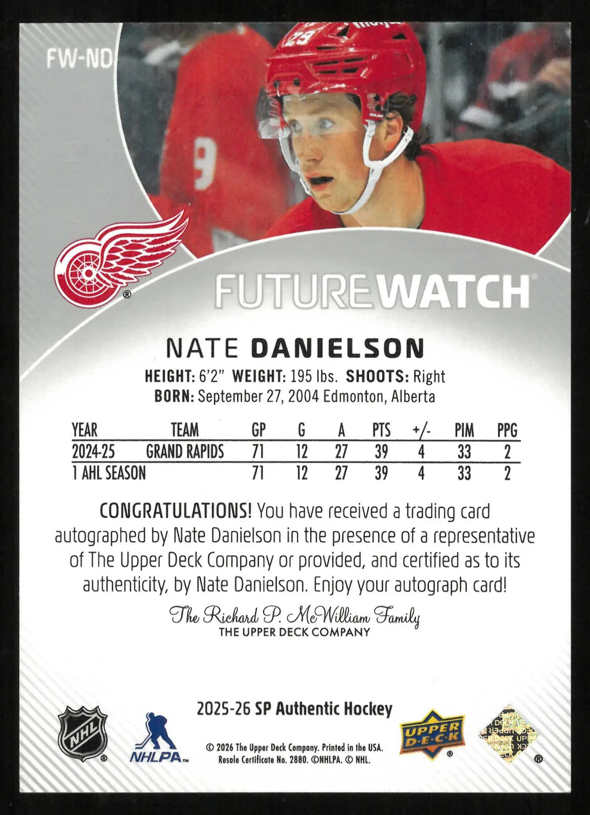 2025-26 UD SP Authentic Future Watch Rookie Autograph Nate Danielson RC /999 