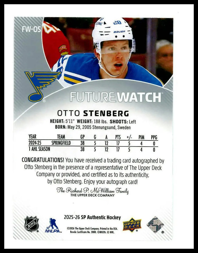 2025-26 UD SP Authentic Future Watch Rookie Autograph Otto Stenberg /999 