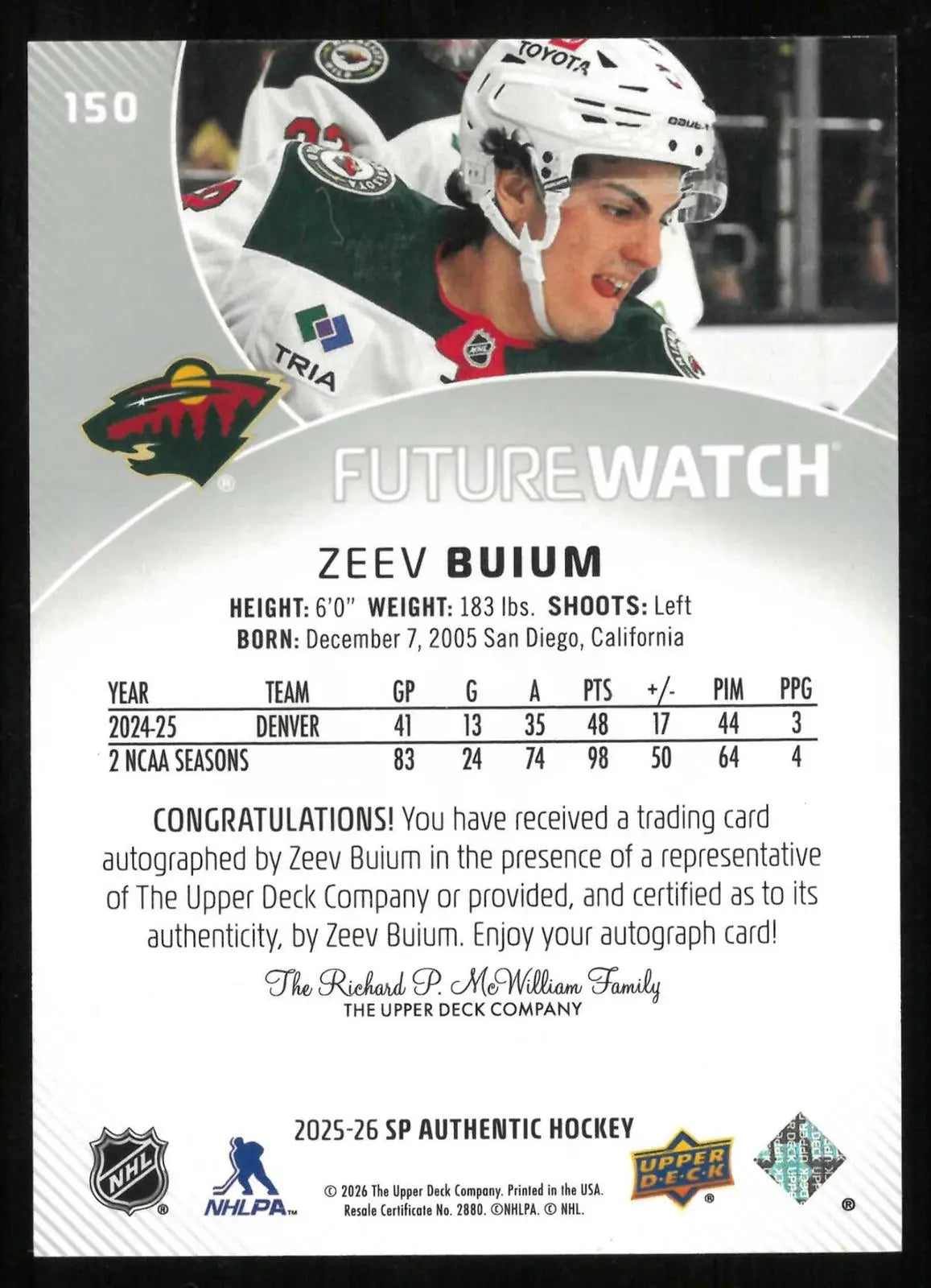 2025-26 UD SP Authentic Future Watch Rookie Autograph Zeev Buium RC Auto #/999 