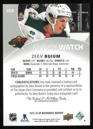 2025-26 UD SP Authentic Future Watch Rookie Autograph Zeev Buium RC Auto #/999 